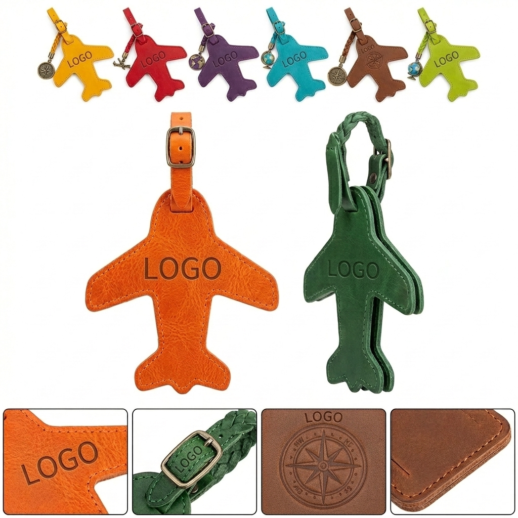 Genuine Leather Airplane Luggage Tag and Keychain