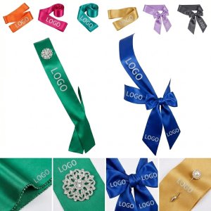 Embellished Satin Sash with Brooch for Ceremonial Occasions